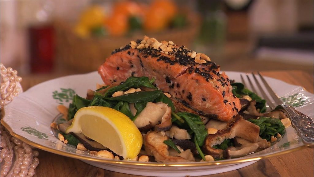 Sesame Salmon, Greens and Shitake Mushrooms Recipe
